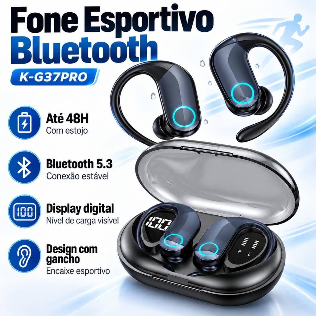 Fone Bluetooth Esportivo G37 com Gancho Base de Carga LED Grave Potente e Toque Inteligente