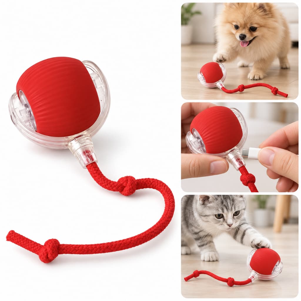 Brinquedo Inteligente Recarregável para Gatos e Cachorros com Bola Automática e Rabo Falso Elétrico