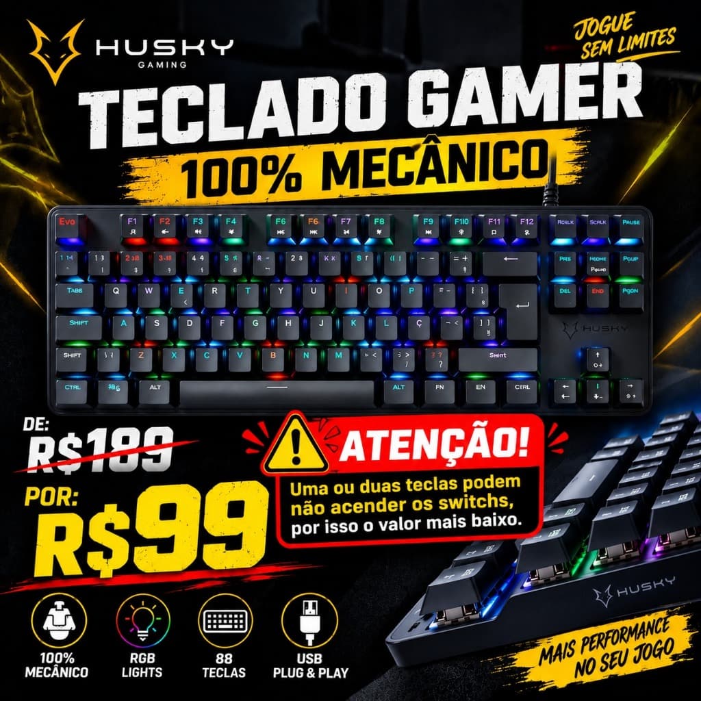 LEIA DESCRIÇÃO  Teclado Gamer 100% Mecânico Husky RGB Preto 88 Teclas USB Para PC e Notebook