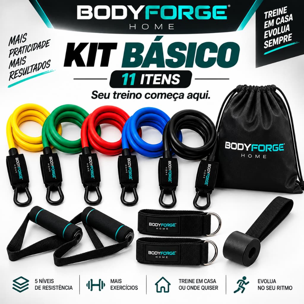 Kit Elástico Extensor 11 Peças Treino em Casa Academia Funcional Musculação BODYFORGE HOME