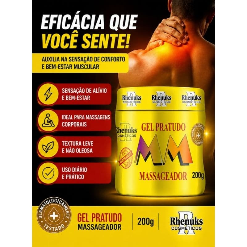 Gel Massageador Pratudo 200g, Rhenuks, Pós-Treino, Recuperação Muscular, Alívio, Frescor, Mentol, Dores, Articulações