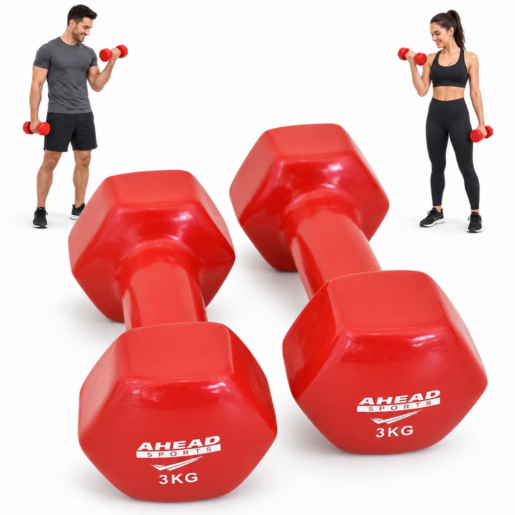 Par de Halter Sextavado 3kg em Vinil Ahead Sports Vermelho Para Musculação Academia e Exercícios em Casa