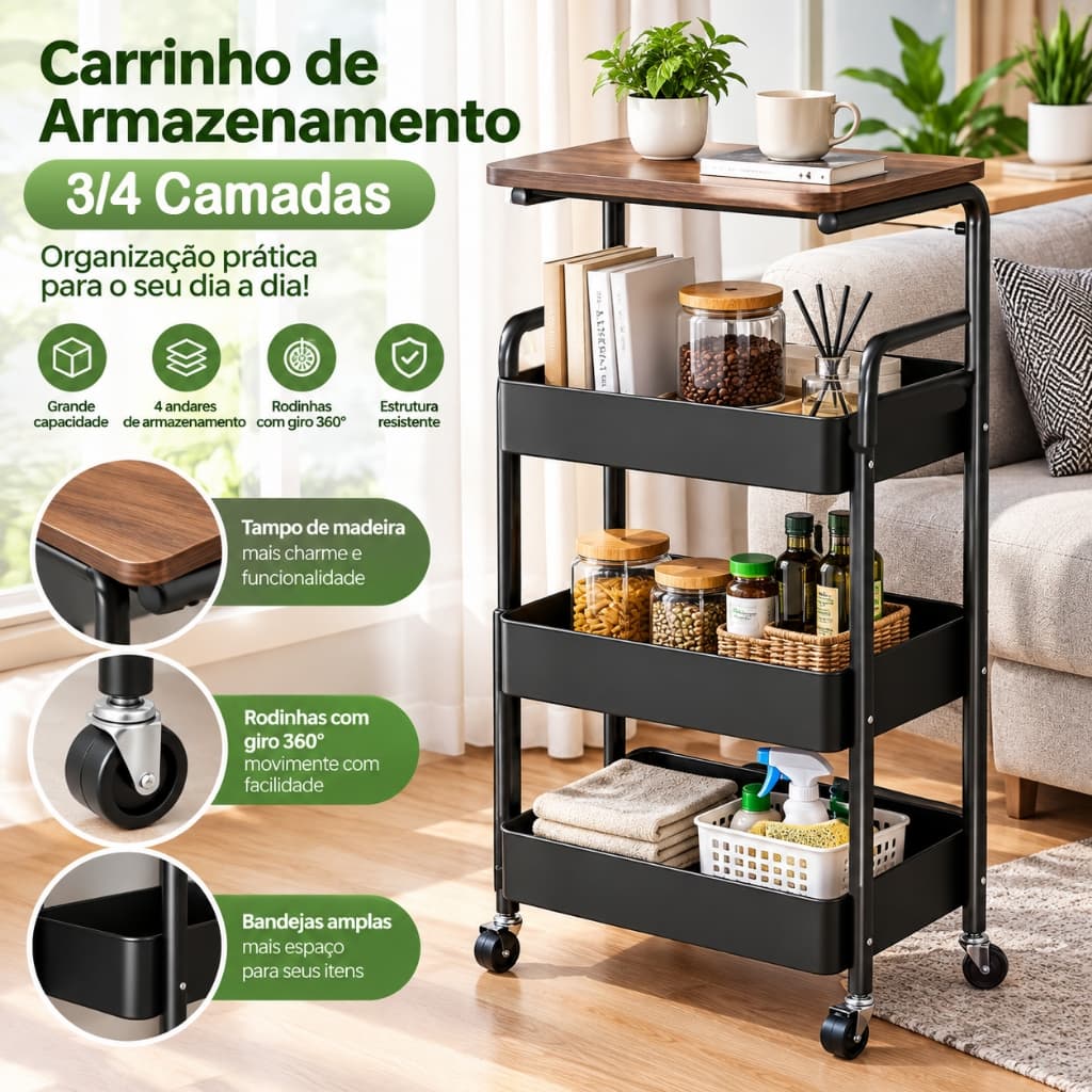 Carrinho Organizador Multiuso 3/4 Camadas com Tampo de Madeira e Rodinhas 360° para Cozinha Banheiro Quarto
