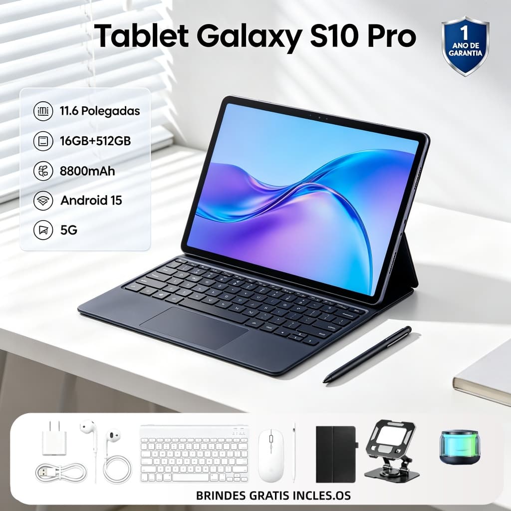 【Teclado e mouse grátis】Tablet Galaxy S10 Pro 16 GB + 512 GB, 11,6 polegadas, Android 5G, bateria de 8.800 mAh