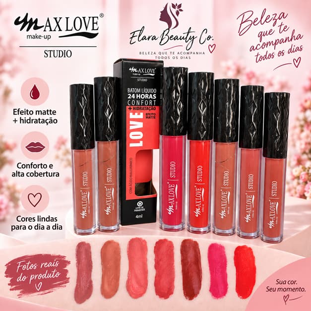 Batom Líquido Max Love 24 Horas Confort 4ml Matte com Ácido Hialurônico Vegano – EFEITO MATTE + HIDRATAÇÃO
