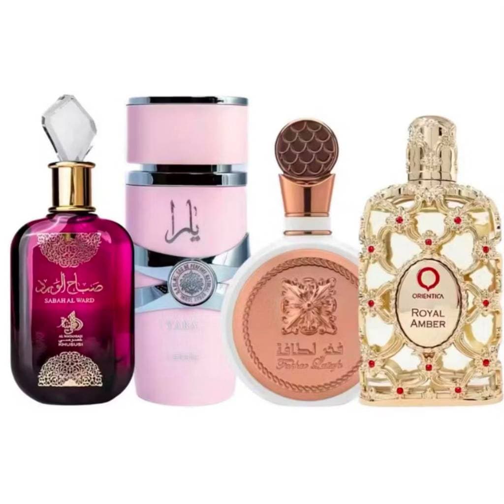 Kit 4 Perfumes Árabes Femininos 50ml Yara + Sabah Al Ward + Fakhar Rose + Royal Amber | Perfumes Importados Doces Floral