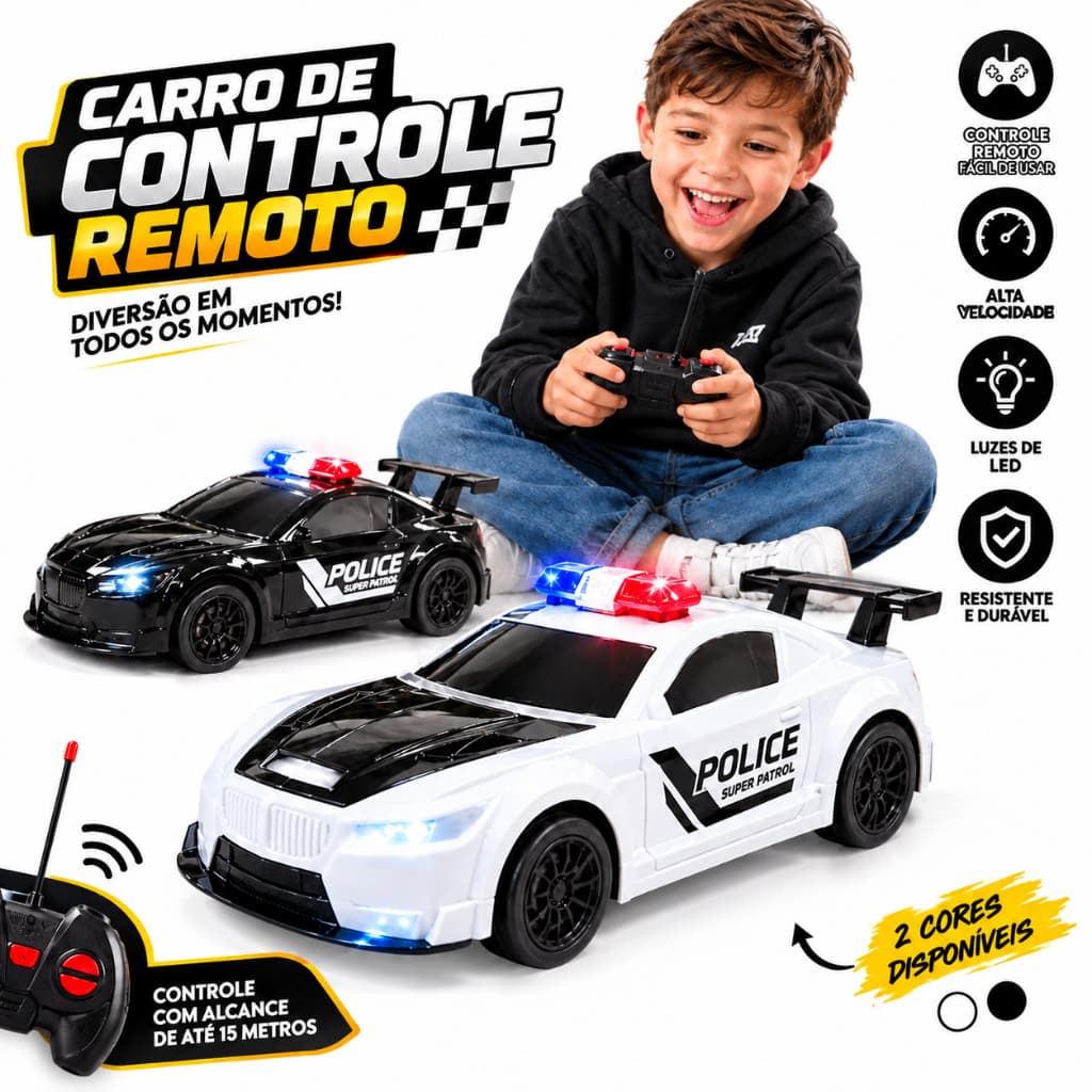 Carrinho Policia Controle Remoto Brinquedo Luz Speed Cores