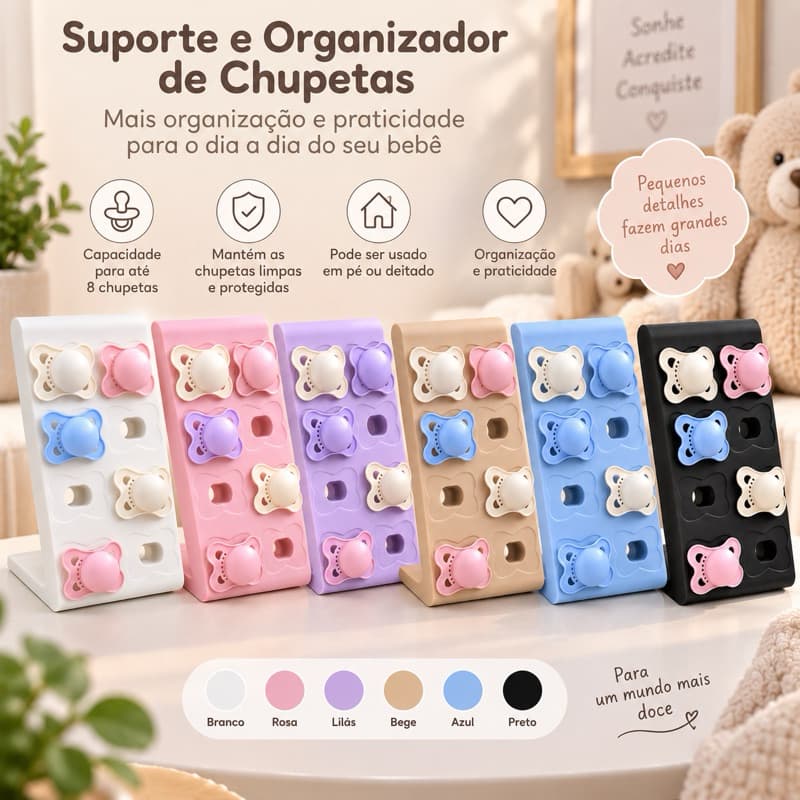 Organizador de Chupetas Bebê Suporte Porta Chupetas Infantil até 8 Unidades