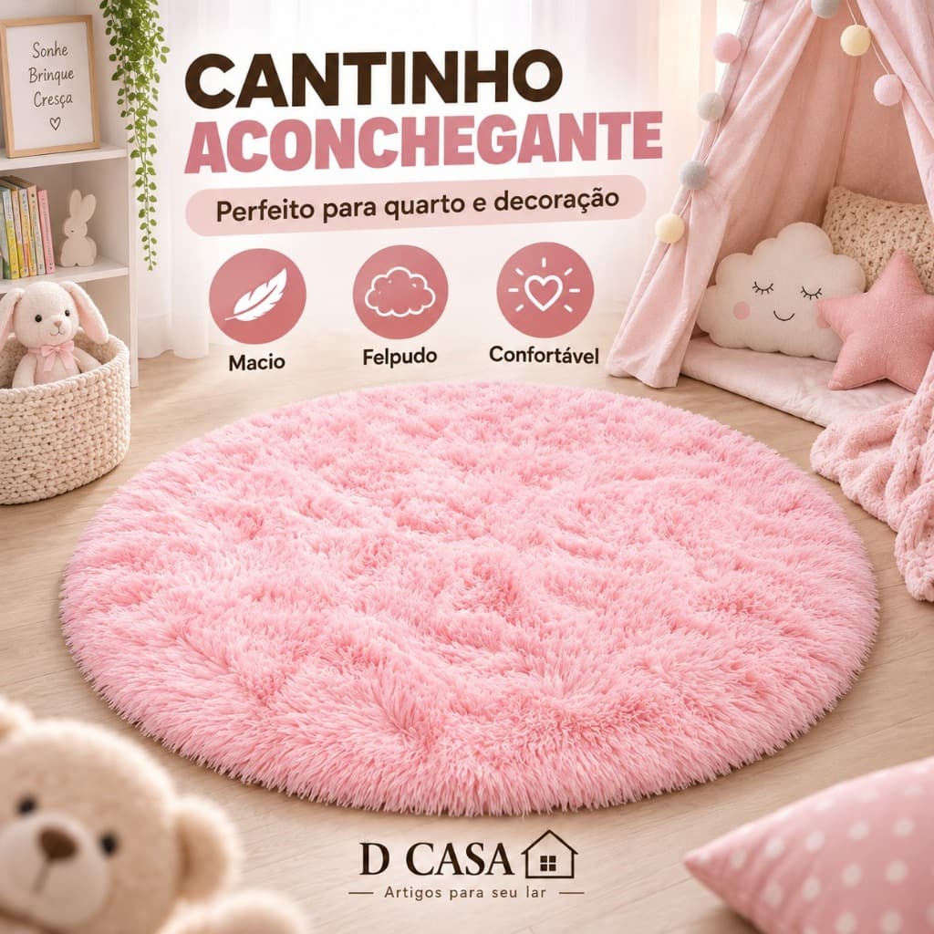 Tapete Redondo Peludo Felpudo 1,00x1,00m Antiderrapante Shaggy Macio Sala Quarto