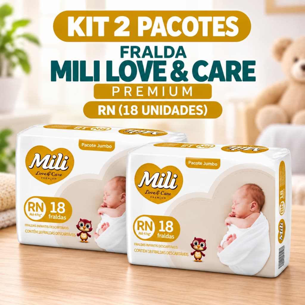 2 pacotes Fralda Recém Nascido Mili Love & Care Premium RN  Total de 36 Fraldas