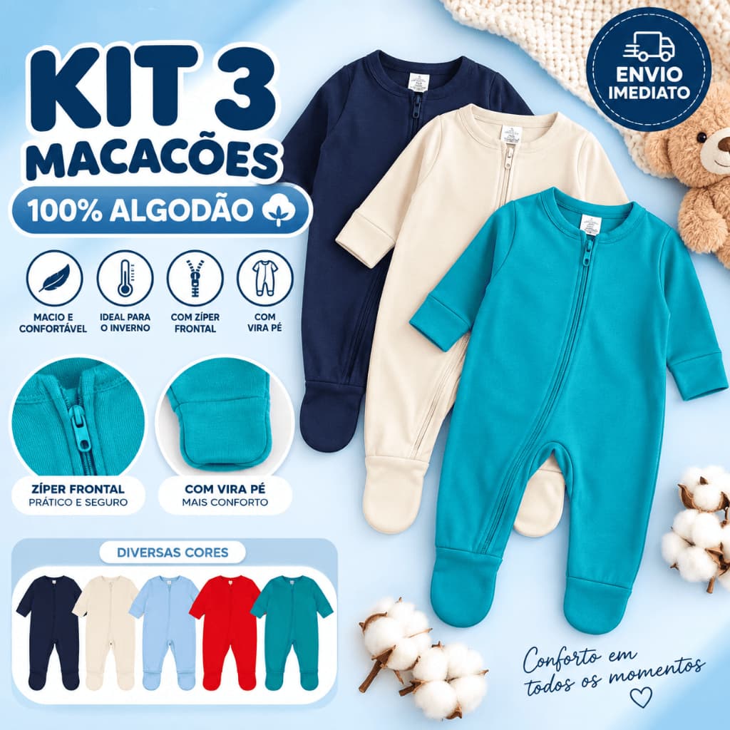 Kit 3 Macacão Bebê Ziper Menino Enxoval 100% Algodão Maternidade Inverno Macio Vira Pé