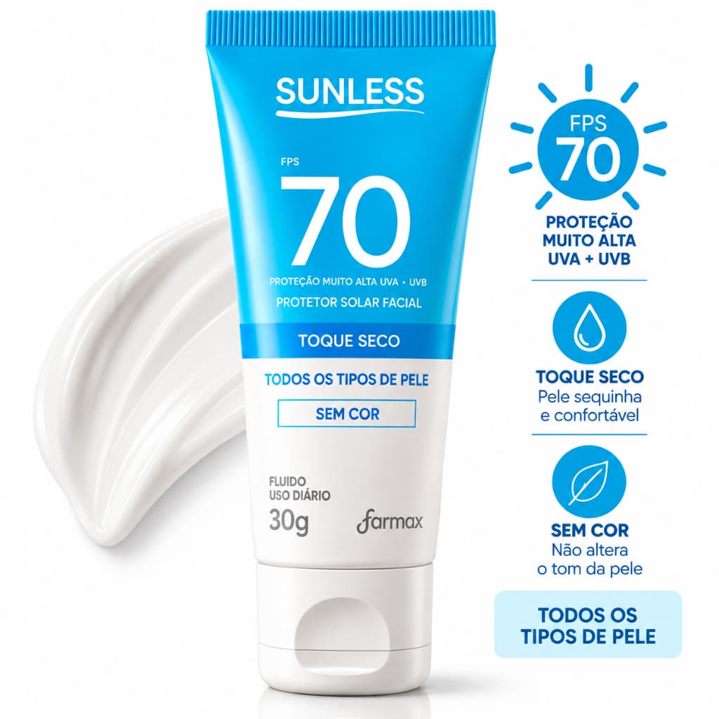 Protetor Solar Facial Sunless FPS 70 Toque Seco Sem Cor 30g Todos os Tipos de Pele Proteção UVA UVB!