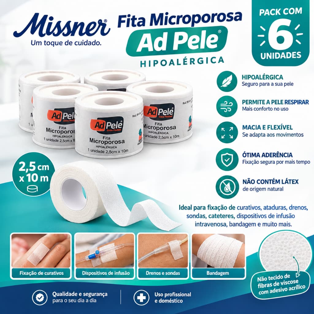 Kit 6 Fitas Microporosa Tom da Pele Missner 2,5cm x 10m - Estética, Tattoo, Lash, Enfermagem e Primeiros Socorros