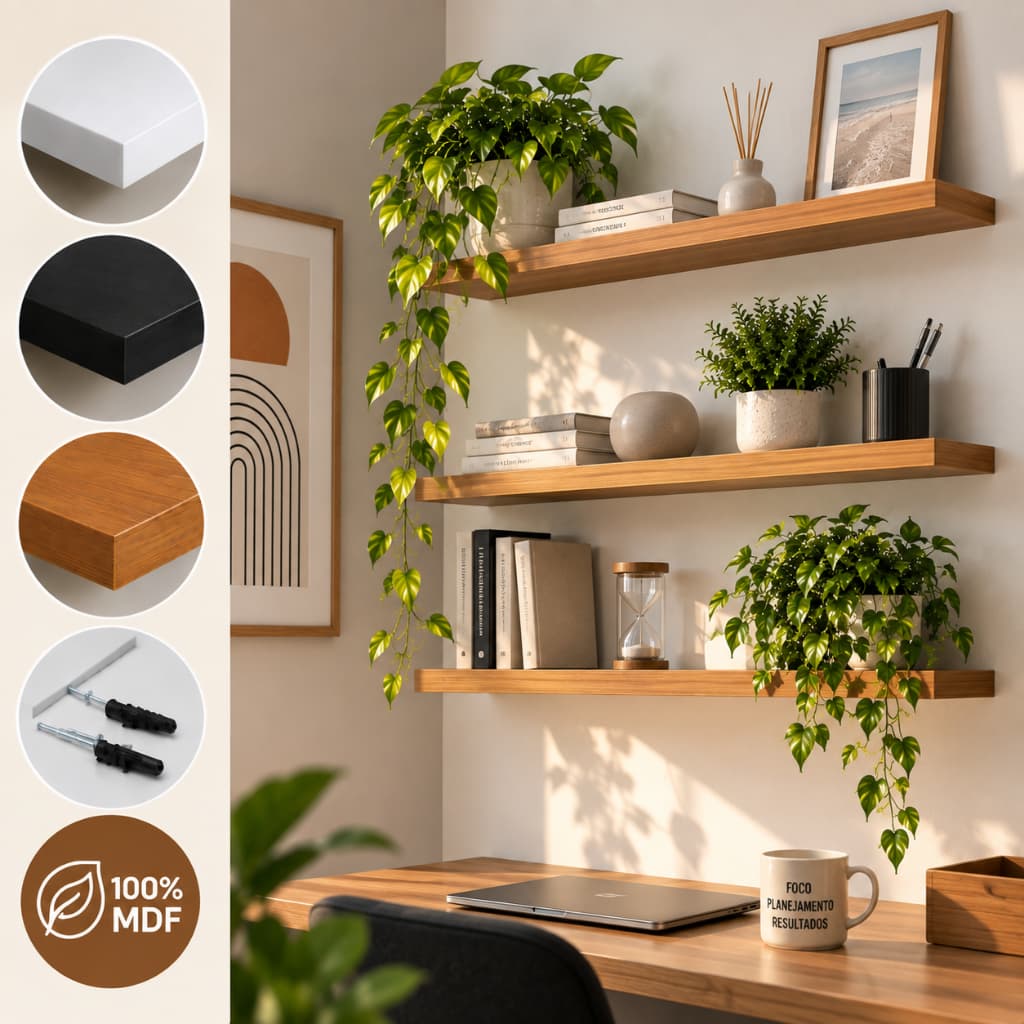 Kit 4 Prateleiras Flutuante MDF 50x15 cm Suporte Invisível Madeira Parede Nicho Livros Decorativo