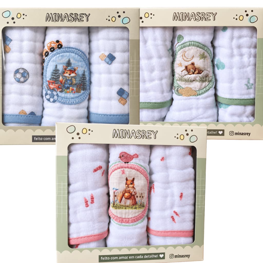 Kit 3 Paninhos de Bebê Premium Fralda de Boca Luxo Bordada Estampada Infantil Enxoval Recém Nascido