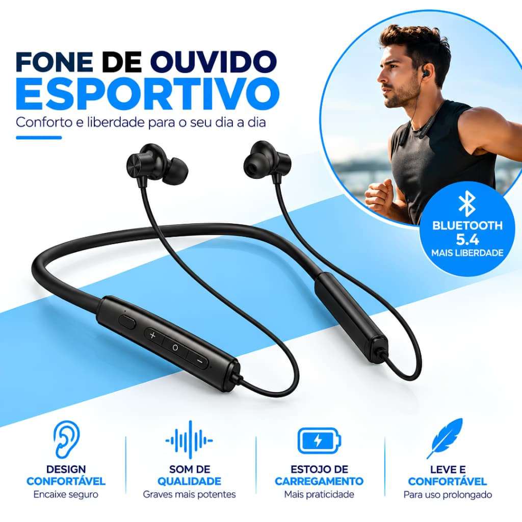 Fone Bluetooth Esportivo Neckband Sem Fio Com Microfone Bluetooth 5.4 Magnético-Aitek