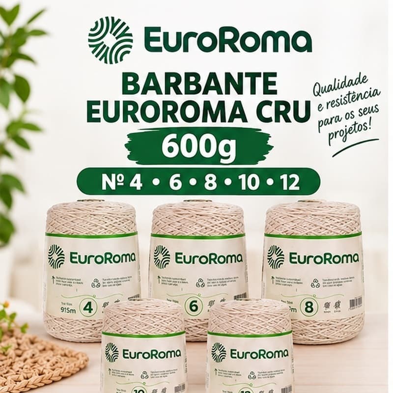 Barbante EuroRoma Cru 600g Nº 4 6 8 10 12 para Crochê e Artesanato