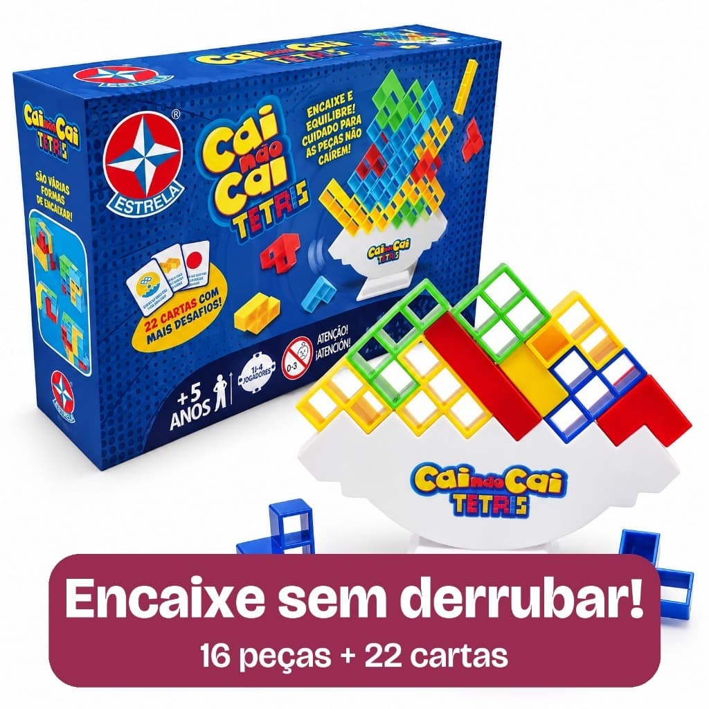 Jogo Cai Não Cai Tetris Estrela Equilíbrio para Empilhar Peças com 22 Cartas de Desafio Família 1 a 4 Jogadores 5+