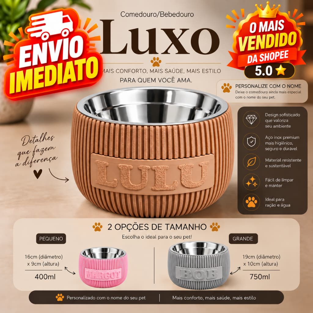 Comedouro Pet Elevado com nome Personalizado Inox Cachorro Gato Bebedouro Tigela Ração Água Antivômito Premium