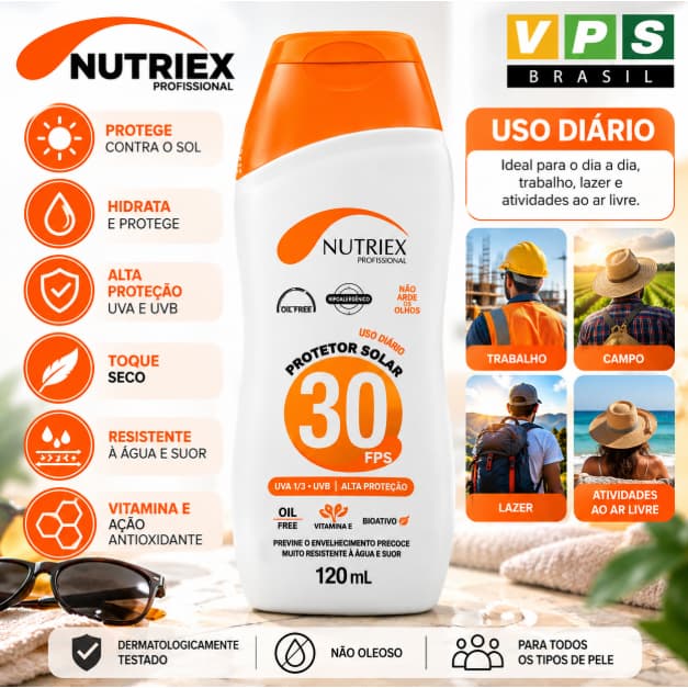 Protetor Solar Nutriex FPS 30 120ml UVA UVB Oil Free Toque Seco Corporal