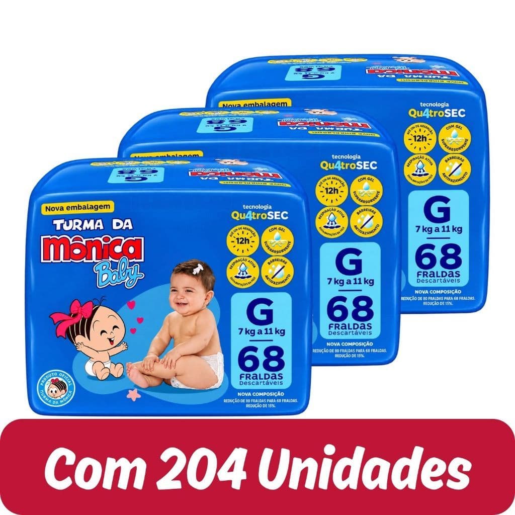 Fralda Descartável Turma da Mônica Baby Giga Tamanho G - 3 Pacotes com 68 Fraldas - Total 204 Tiras