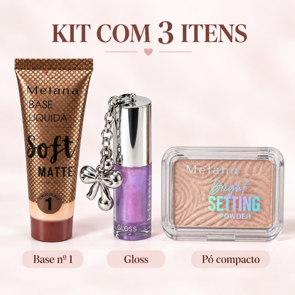 Combo Maquiagem 3 Itens Base Líquida iluminador e Gloss