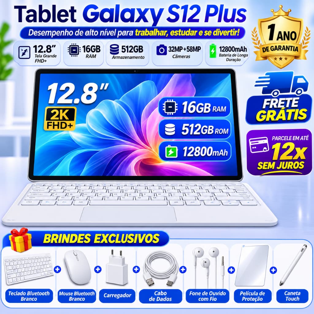Tablet Galaxy S12 Plus 12.8" 2K FHD+ 16GB RAM 512GB ROM Android 16 12800mAh + Kit Teclado Mouse Caneta Frete Grátis