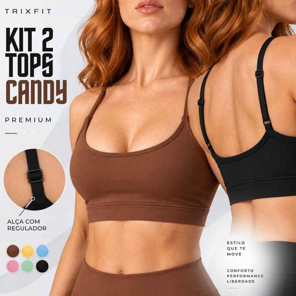 Kit 2 Tops Academia Feminino Alça Fina Regulável Alta Sustentação Bojo Removível Roupa Moda Fitness Zero Transparência