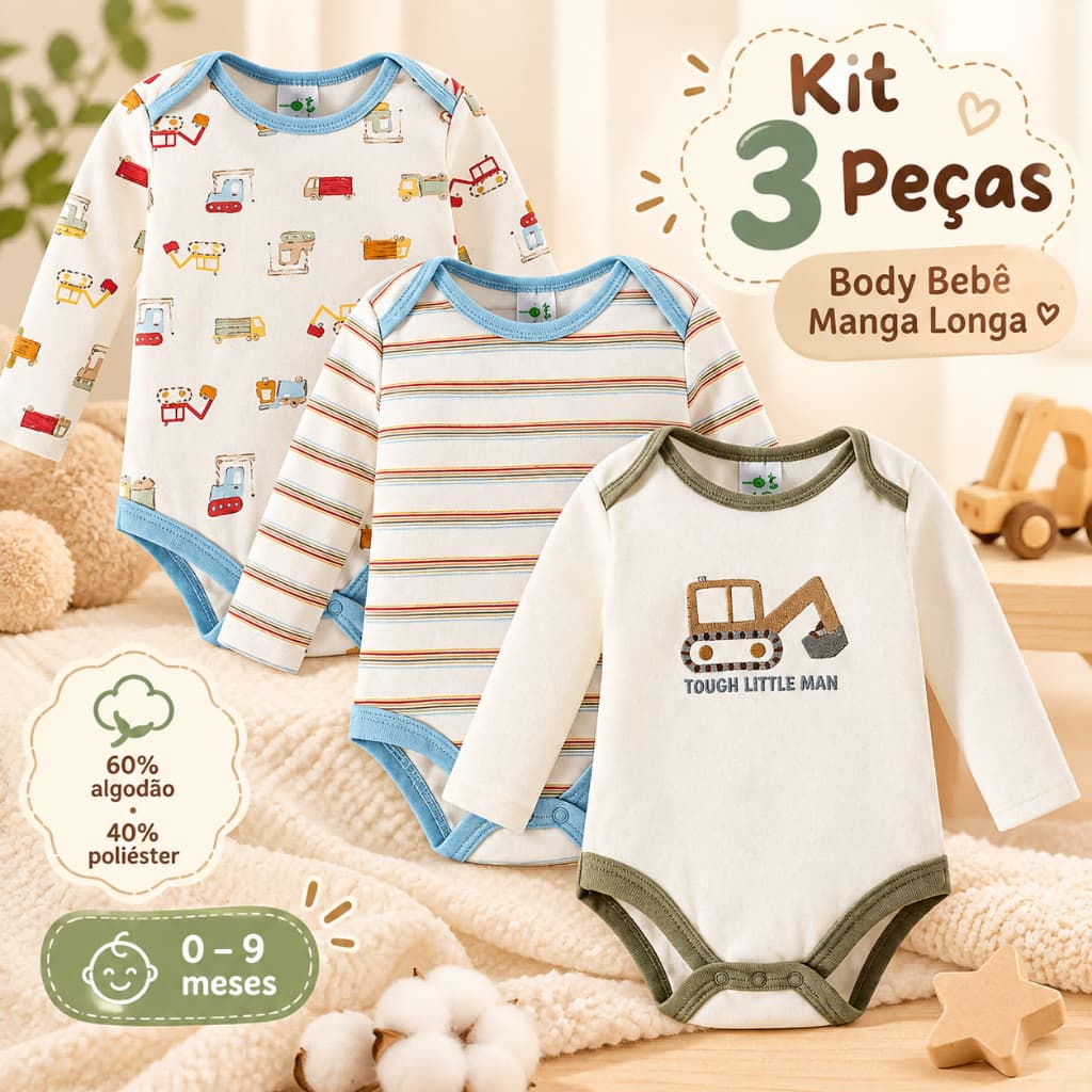 roupa de bebê Kit Body Bebê 3 Peças Manga Longa 0 a 9 Meses 60% Algodão Roupa Bebê Menino Menina