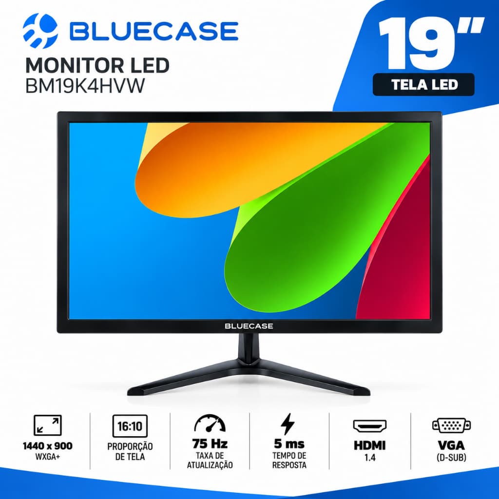 Monitor LED 19 Polegadas NOVO Bluecase 75Hz HDMI VGA 1440x900 Preto Home Office Gamer