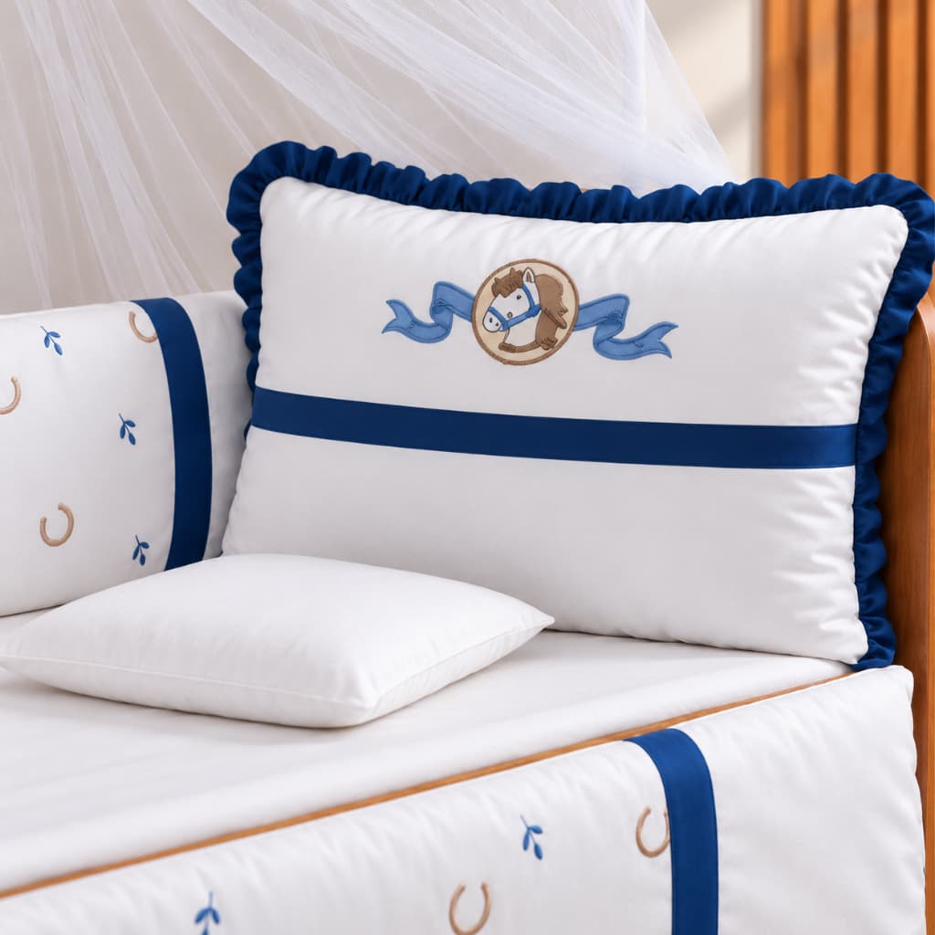 Kit Berço Menino Azul Cavalinho Completo 10 Peças com Mosquiteiro e Protetores Enxoval Bebê
