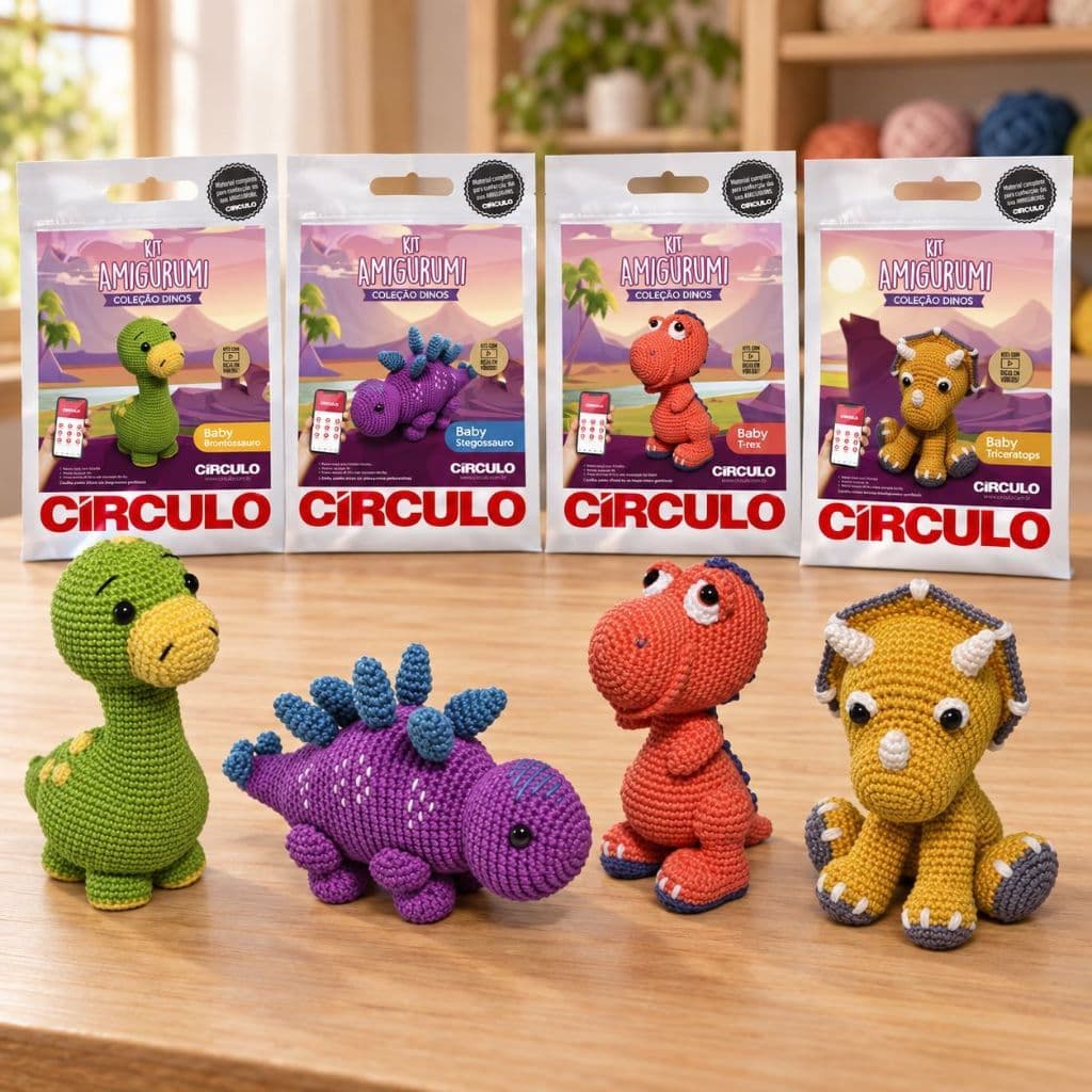 Kit Amigurumi Dinos Círculo Completo para crochê com Receita – Escolha o seu