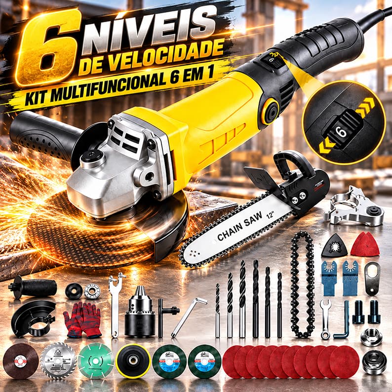 Esmerilhadeira Angular 6 em 1 950W 125mm Furadeira Politriz Serra 11000RPM 6 Velocidades Eixo M10