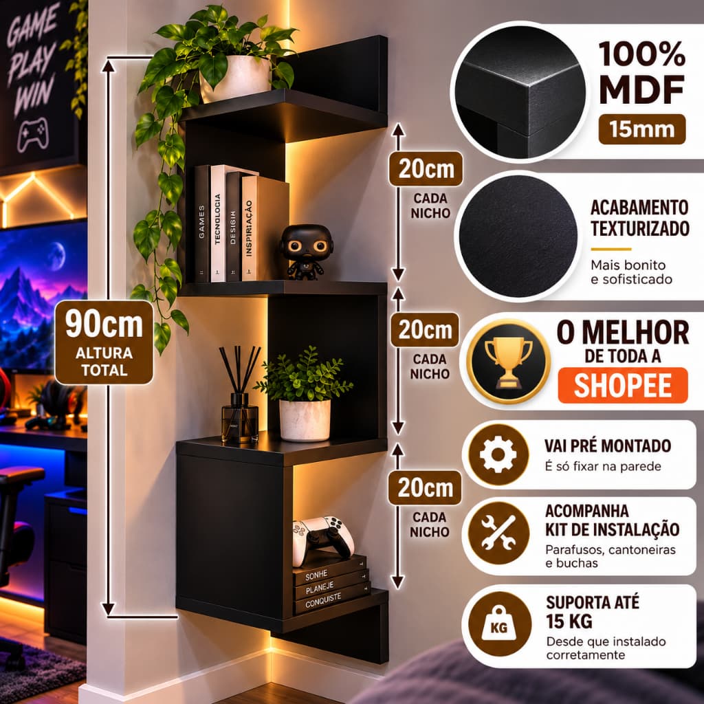 Prateleira De Canto Em MDF Resistente e Grande 90cm 3 Repartições Suporte Invisível Com Kit De fixação Na Parede Preto
