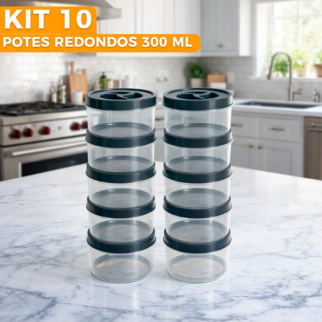 Kit 10 Potes Redondo 300ml Tampa Rosca Potinhos Transparentes Papinha Tempero Doce Comidas
