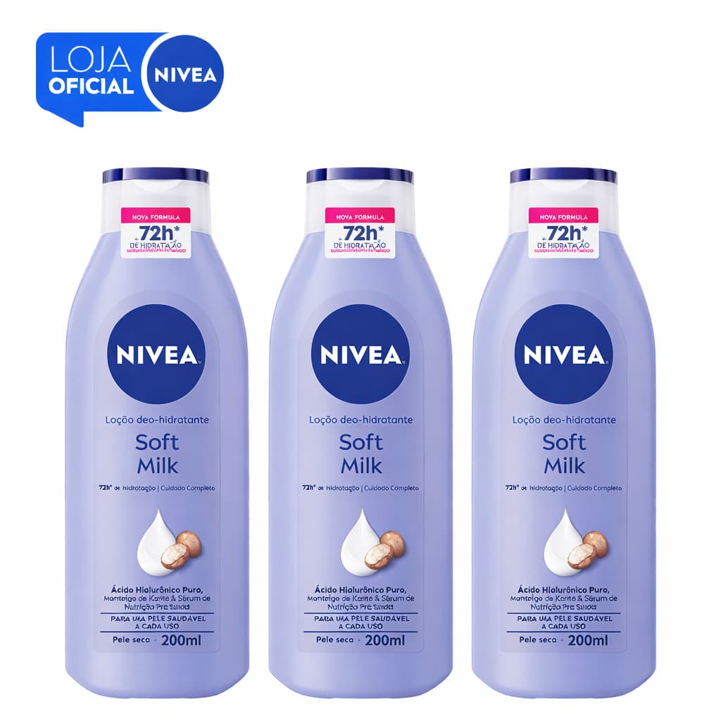 KIT NIVEA Hidratante Desodorante Soft Milk 200ml - 3 unidades