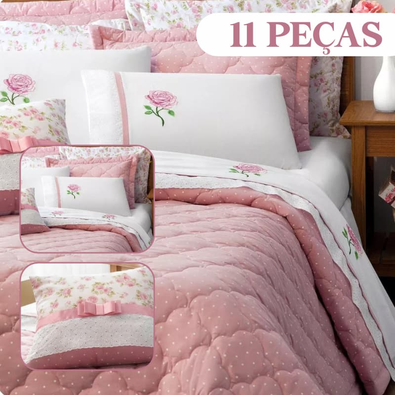 Cama Colcha Cobre Leito 11 Peças + Jogo Lençol Casal Queen King Athena Rosê