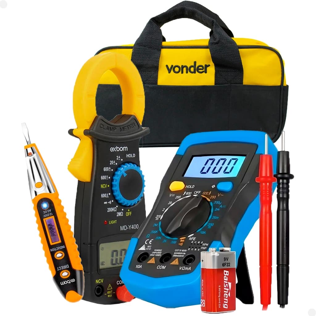 Kit Alicate Amperímetro + Multímetro Digital LCD 3 Digitos + Detectos de Tensão Bolsa + Vonder BL005