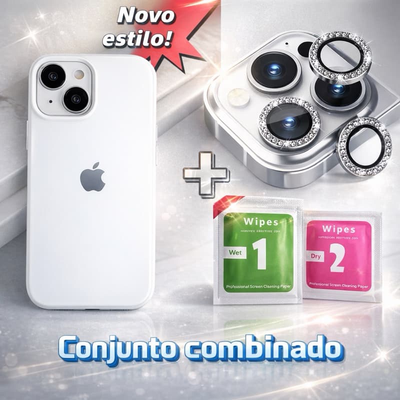 Capinha Silicone IPhone + Kit Protetor Lente Câmera Diamante Para iPhone 11 12 13 14 15 16 17 Pro Max Película Lente