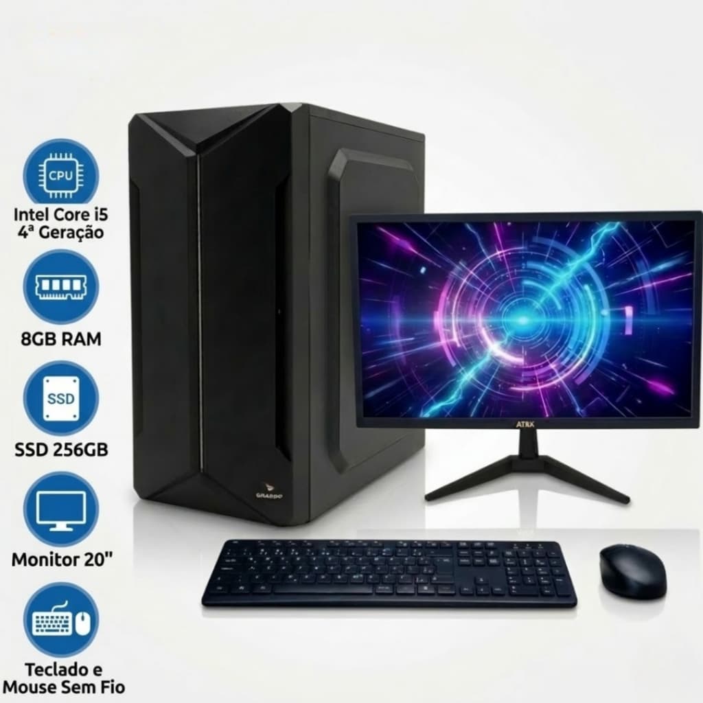 Computador Completo Intel i5 4570 8GB SSD 256GB Monitor 20" Teclado Mouse Sem Fio Desktop Windows