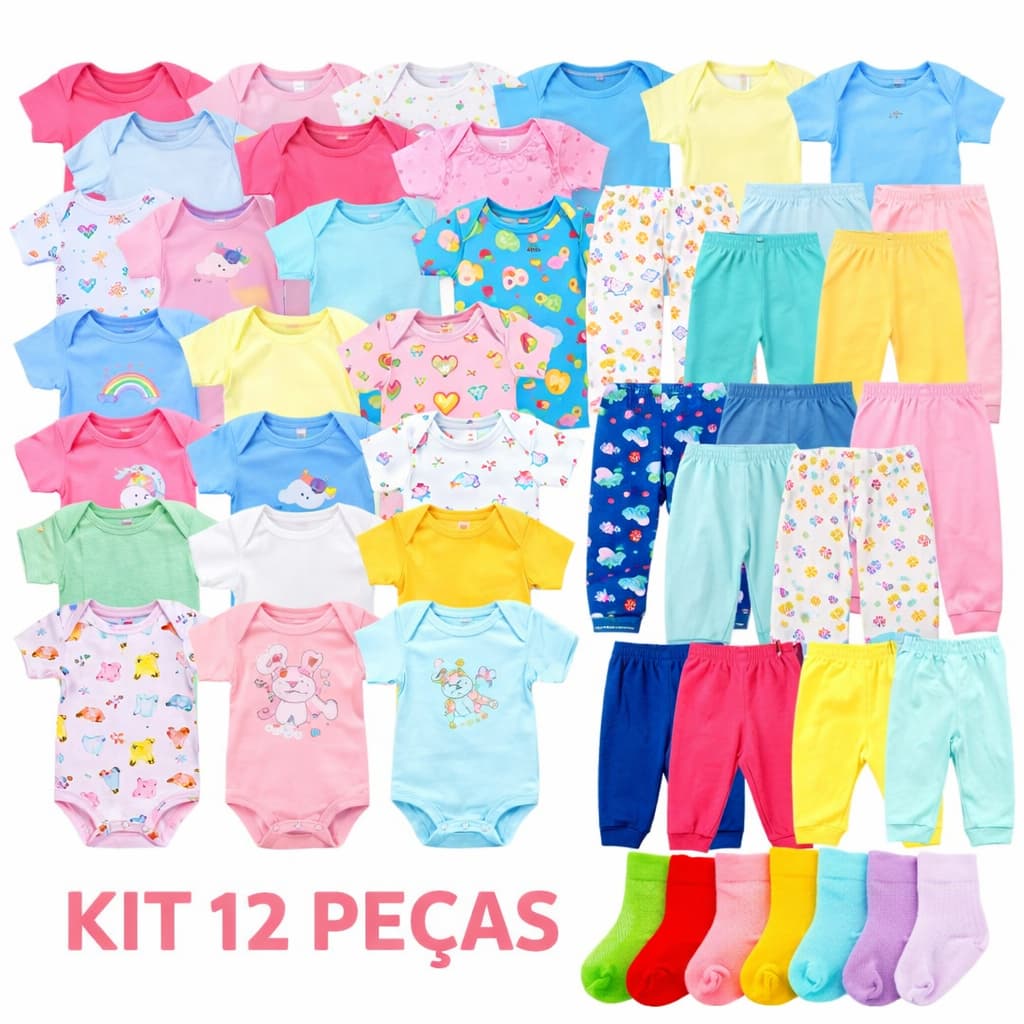 Kit Enxoval Bebê 12 Peças Bodys, Mijão e Meias 100% Algodão | Menino, Menina e Unissex - Roupa Recém Nascido Maternidade