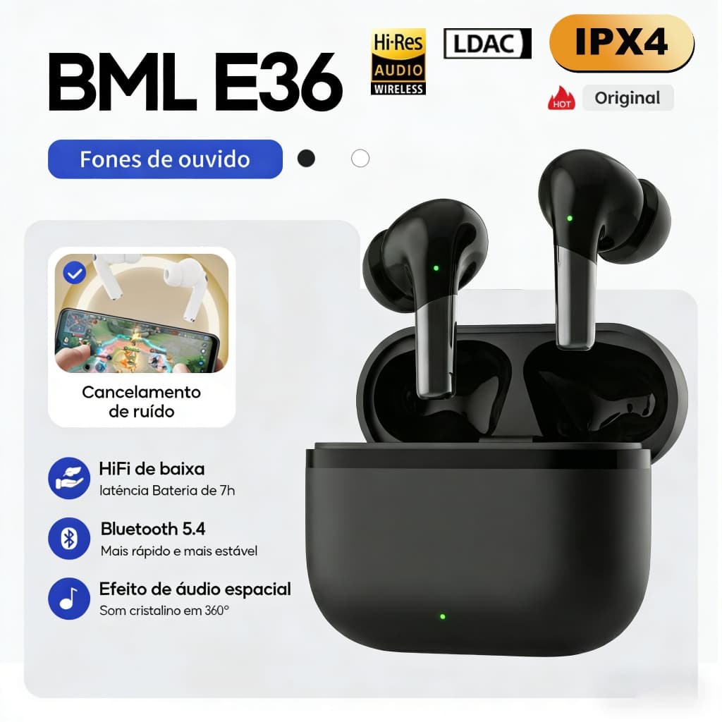 BML Fone sem fio bluetooth E36 Baixa Latência, Hi-Fi 9D, cancelamento de ruído ANC e IPX5-FoneBateria de 7h