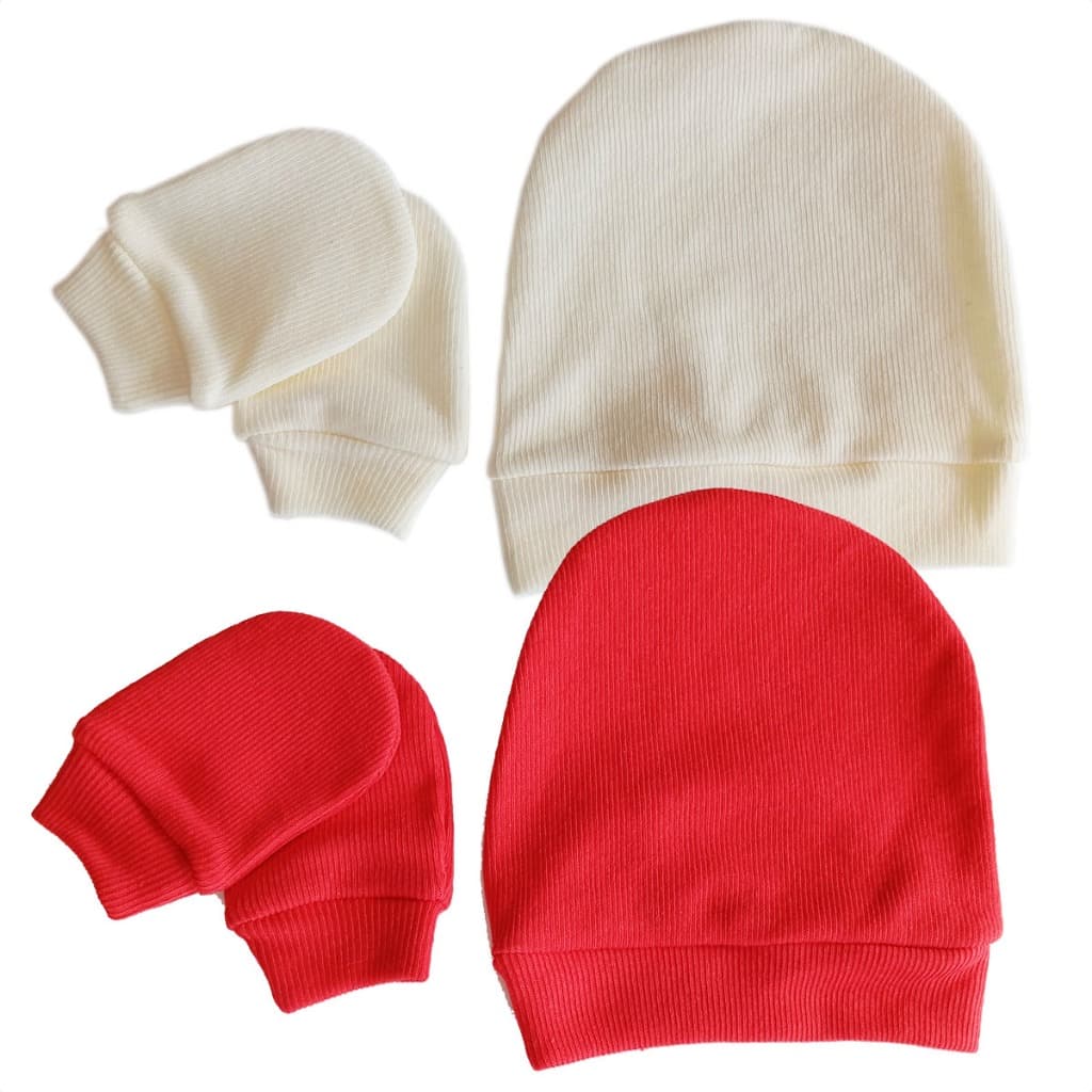 Kit 4 pçs Bebê Enxoval 2 Touca + 2 Luvinha de Bebe Recém Nascido (RN) Malha Canelada Confortável