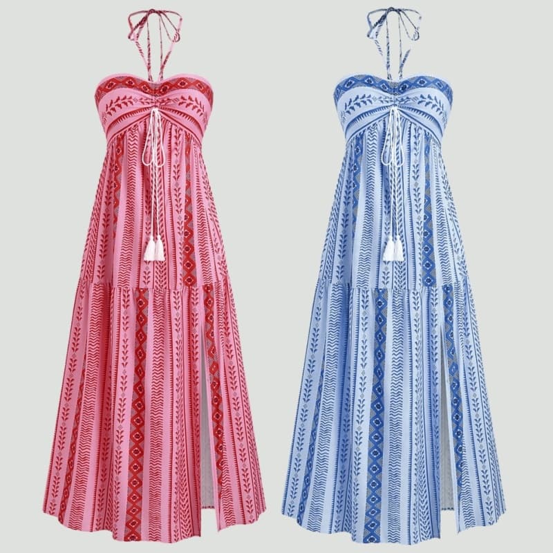 Vestido Feminino Sem Manga para Férias na Praia Finas Estilo Boêmio Vestido Longo Feminino com Alças