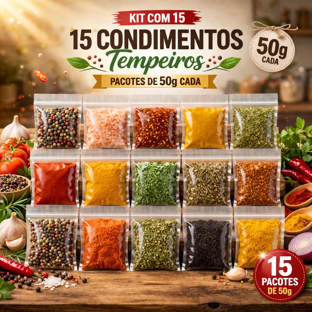 Kit 15 Temperos Naturais 50g Cada | Condimentos Premium Variados Especiais | Completo para Cozinhar