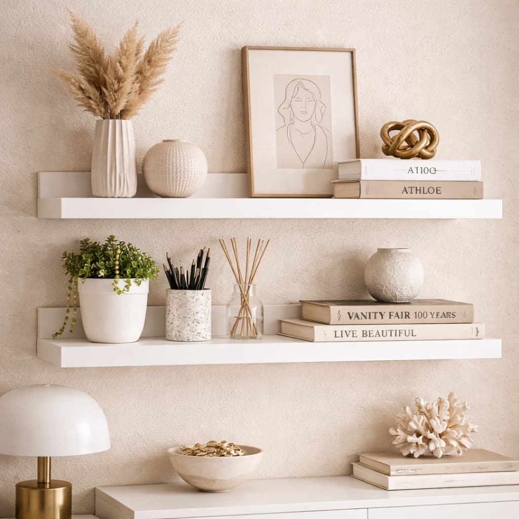 Kit 2 Prateleira Decorativa 60cm x 15cm MDF Branco 15mm Espessura Suporte Parede Quarto Sala