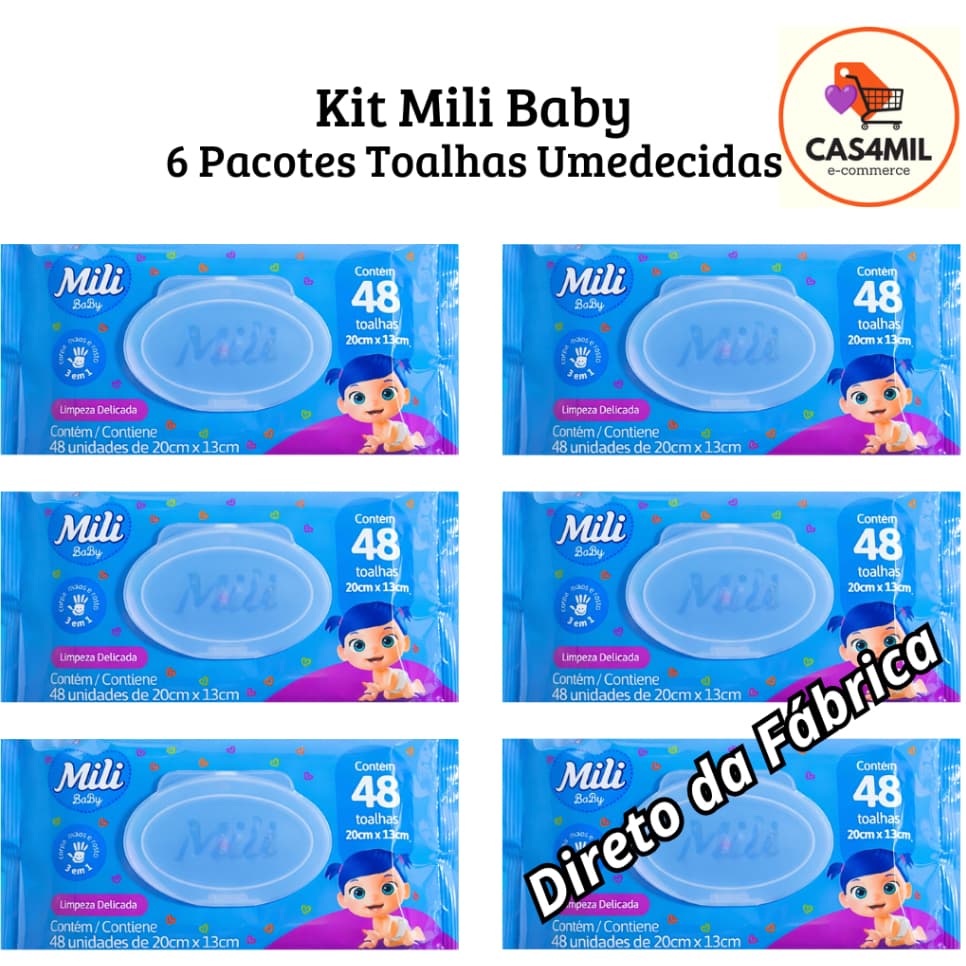 Kit Mili Baby Lenço Umedecido Toalha Umedecida Lencinho Bebê 6 pacotes total 288 Unidades