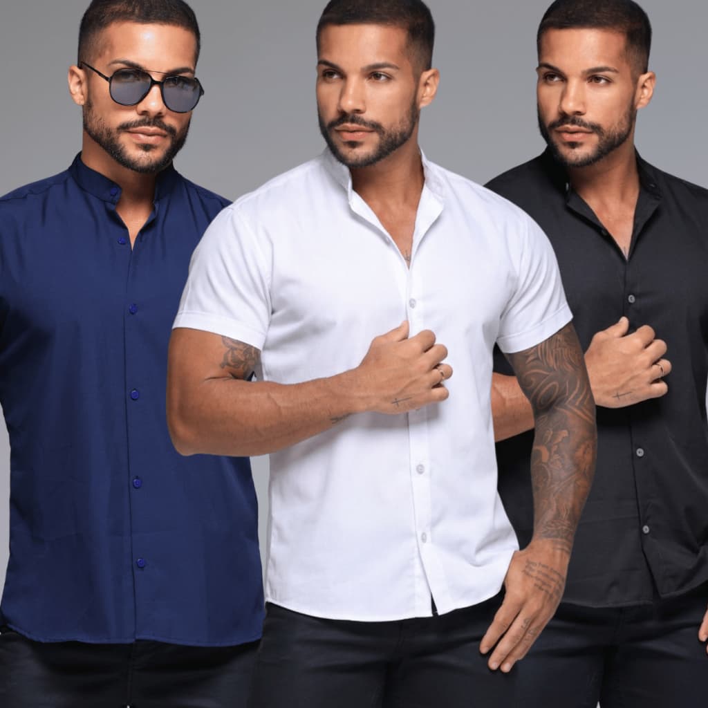 Kit 3 Camisas Sociais Masculinas Gola Padre Botão Microfibra Elastano Manga Curta Slim Fit P ao G1