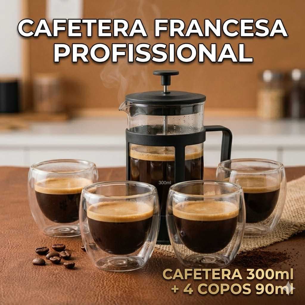 Kit Cafeteira Francesa Black 300ml Com 4 Copos Térmicos Dupla Camada vidro 90ml Conjunto Café Expresso Completo