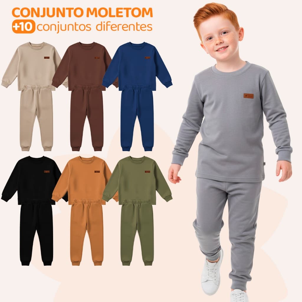 Kit 4 Peças Moletom Minimalista Infantil Menino Criança Blusa e Calça Manga Longa Roupa de Frio Inverno Liso Kids